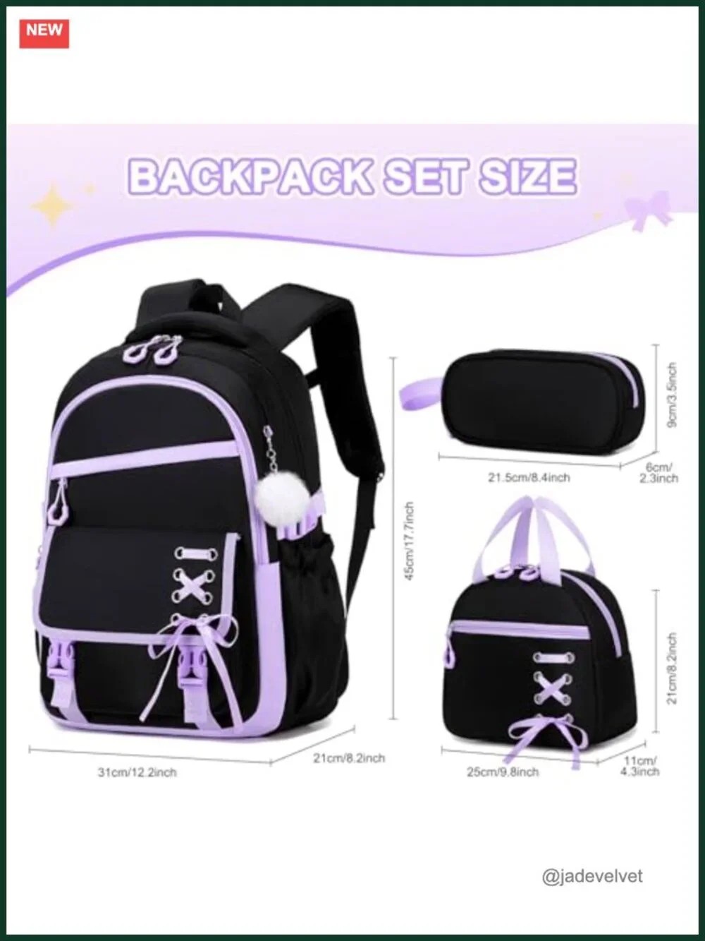 3-Piece Girls Backpack Set with Lunch Bag Pencil Case Waterproof School Bookbag